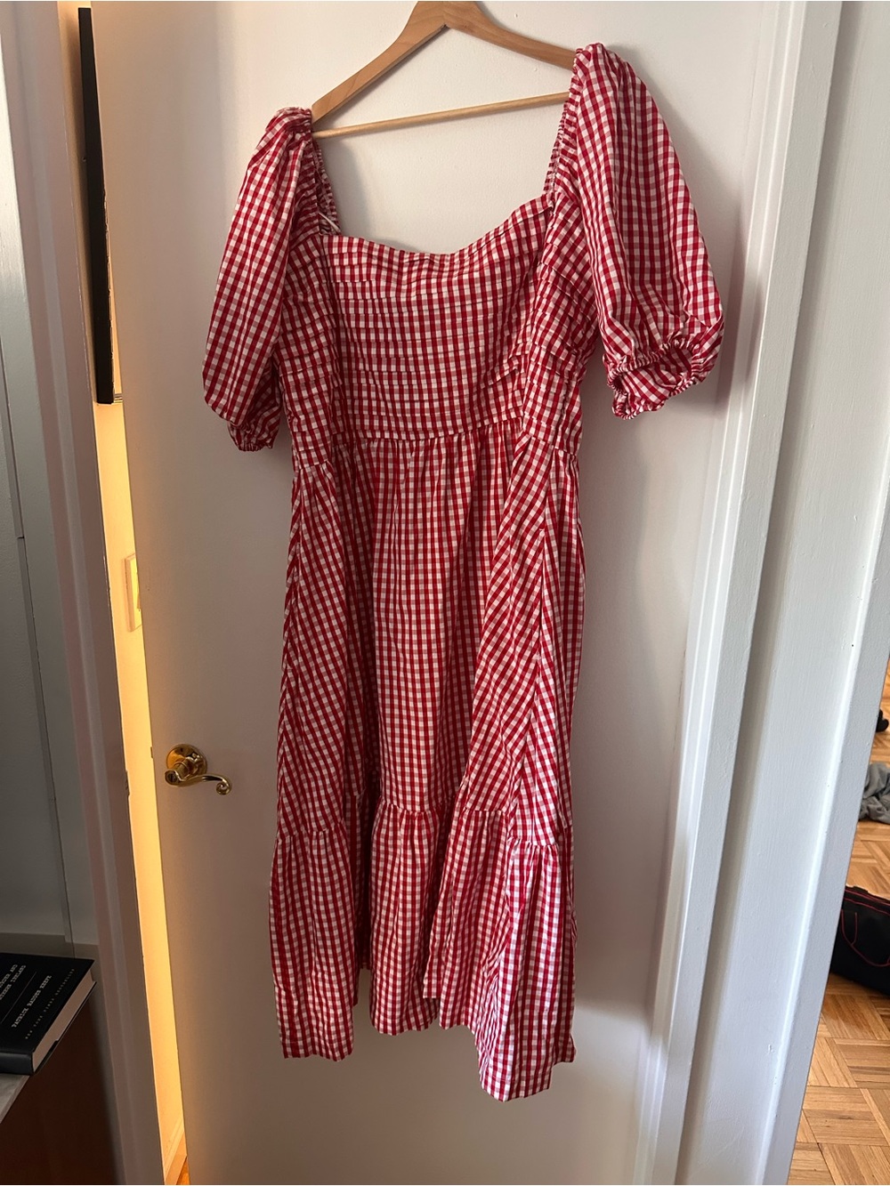 Abercrombie & Fitch Red Gingham Puff-Sleeve Midi Dress